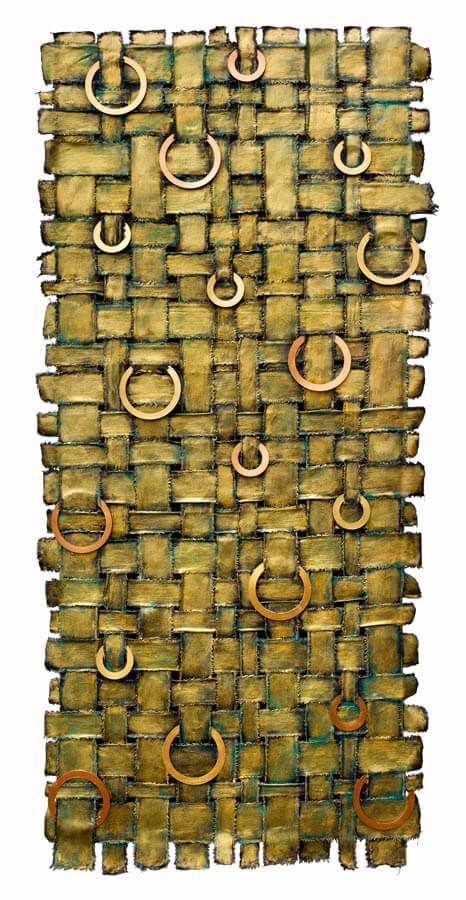 Michelle Miller abstract painting called Volcano of Gold, 60 x 27 inches on canvas